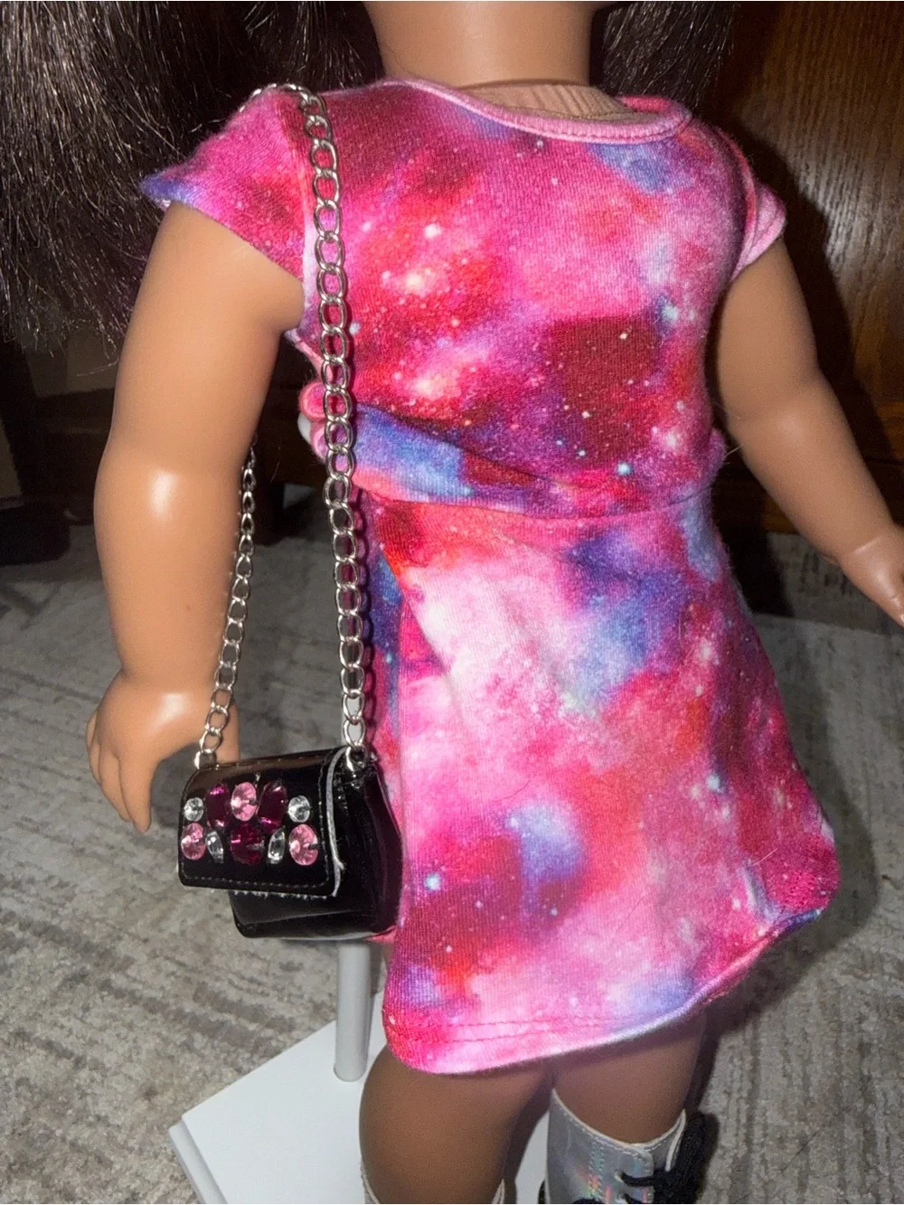 American Girl black purse silver chain with pink purple gems